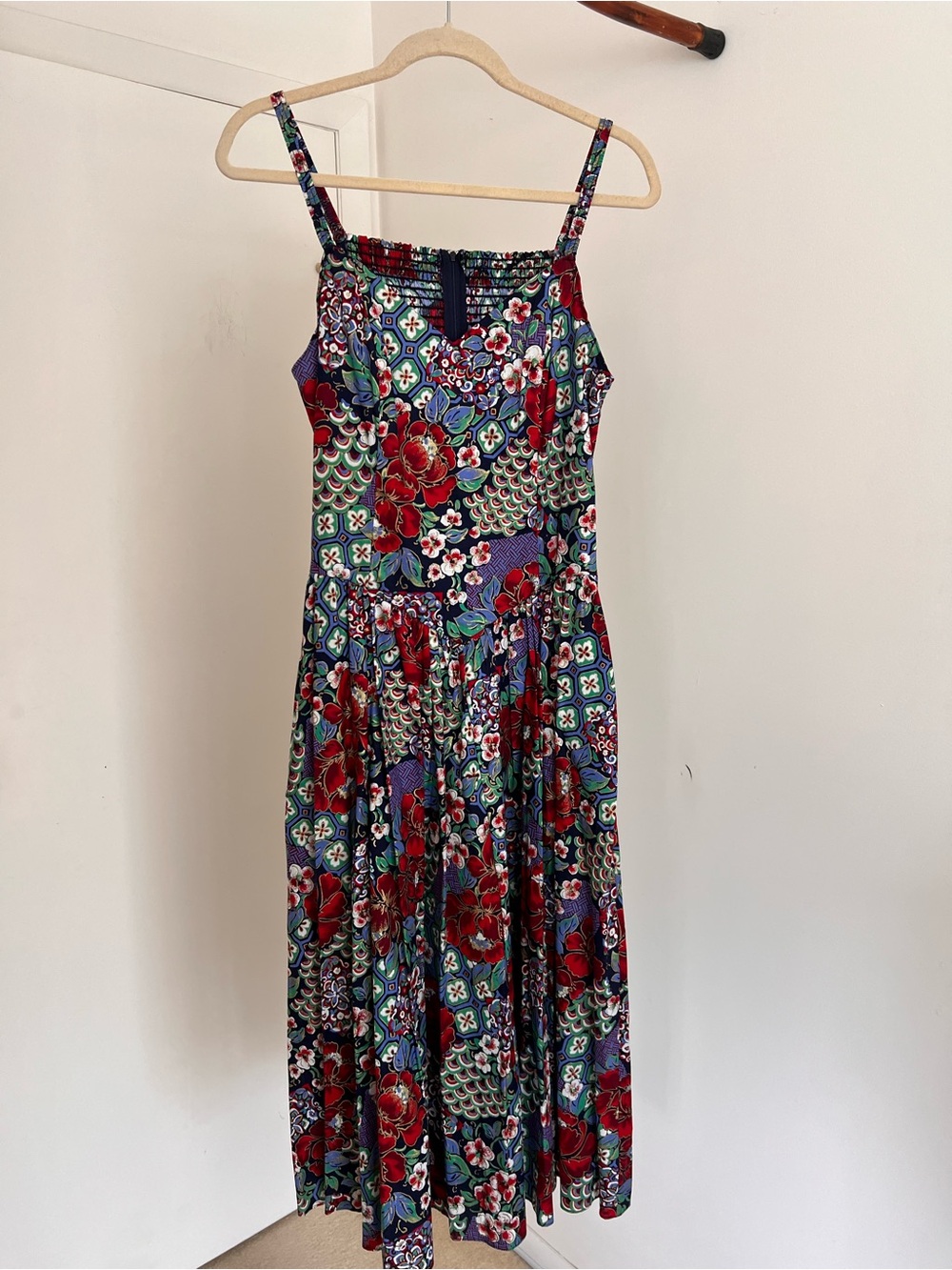 VTG Romantic Floral Navy Red Basque Waist Spaghetti Strap Dress Bodice Boning